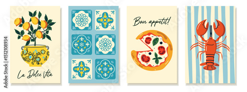 Summer Italy. Set of posters with lemons, lobster, pizza and ceramic tiles. Mediterranean food, culture, and travel themed graphic. Vector illustrations.
