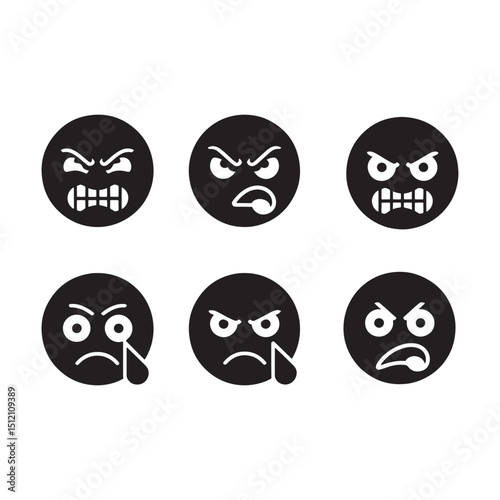 Angry Emoticons Vector Set on Black Background, Expressing Frustration and Displeasure in Digital Communication