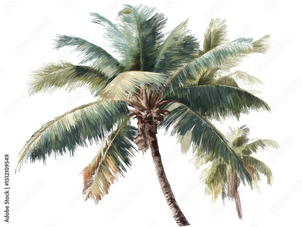Fototapeta premium Tropical palm trees swaying in a gentle breeze for summer designs, cut out transparent