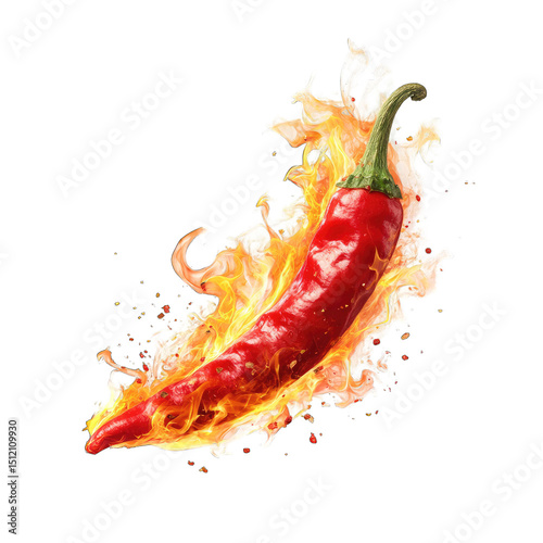 A vibrant red chili pepper engulfed in fiery flames, isolated on a black background. The image showcases the pepper's intense heat and color, with the flames adding a dramatic effect photo
