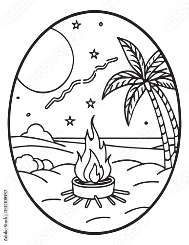 Summer Coloring page, line art, black and white, cute summer illustration, coloring page holiday time