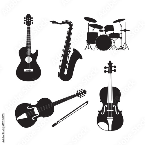 Instrumental Ensemble Silhouettes on Black; Guitar, Saxophone, Drums, Violin for Orchestral Arrangements and Performances