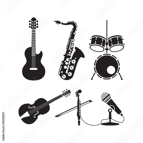 Instrumental Ensemble Silhouettes on Black; Guitar, Saxophone, Drums, Violin, Flute, Microphone for Orchestral Arrangements