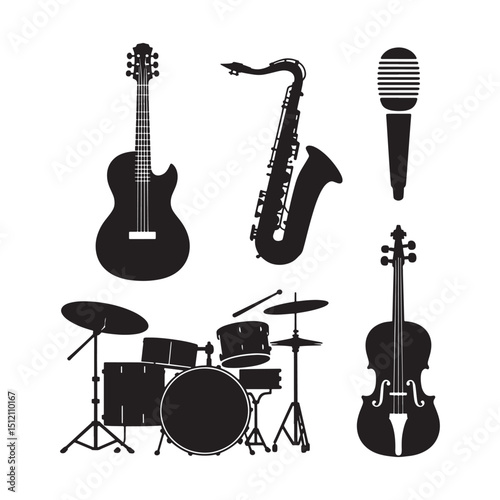 Instrumental Ensemble Silhouettes on Black; Guitar, Saxophone, Drums, Violin, Microphone for Orchestral Arrangements