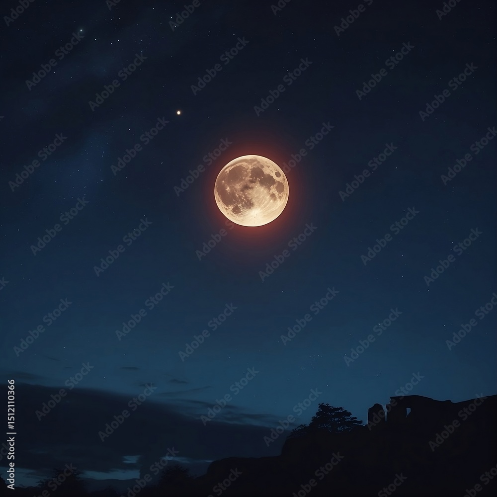 Fototapeta premium A mesmerizing full moon glowing in the night sky, surrounded by stars and faint clouds. The atmospheric scene captures the calm beauty of a lunar night with a sense of stillness and mystery.