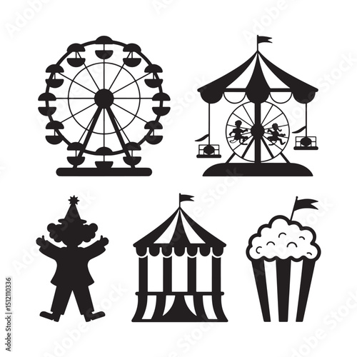 Monochrome Silhouette Vector Illustration of Amusement Park Collection on Black Backdrop, Fun, Entertainment, and Recreation