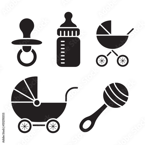 Monochrome Silhouette Vector Illustration of Baby Items Collection on Black Backdrop, Newborn, Childhood, and Parenting