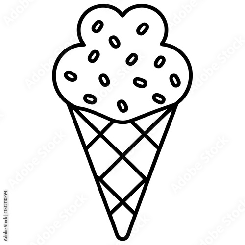 Playful Ice Cream Cone with Overflowing Heart Sprinkles, Line Art Style