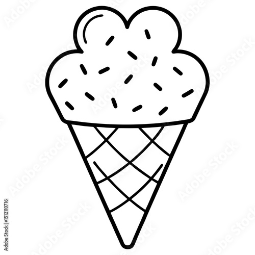 Playful Ice Cream Cone with Overflowing Heart Sprinkles, Line Art Style