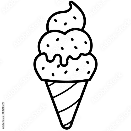 Playful Ice Cream Cone with Overflowing Heart Sprinkles, Line Art Style