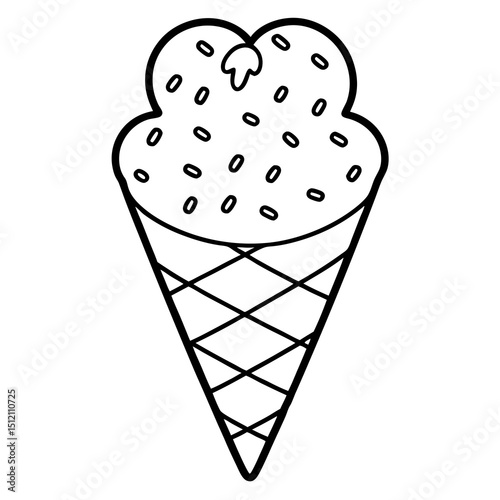 Playful Ice Cream Cone with Overflowing Heart Sprinkles, Line Art Style