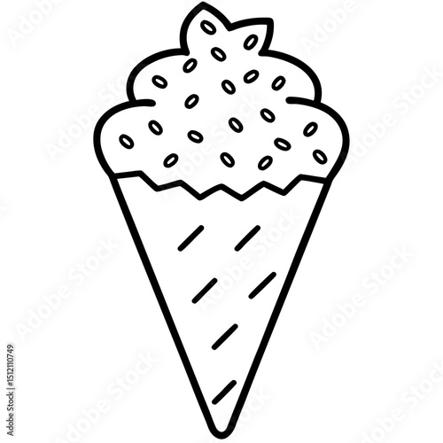 Playful Ice Cream Cone with Overflowing Heart Sprinkles, Line Art Style