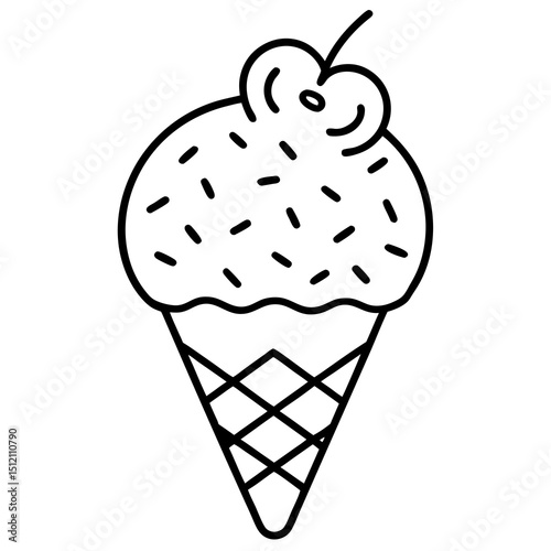 Playful Ice Cream Cone with Overflowing Heart Sprinkles, Line Art Style