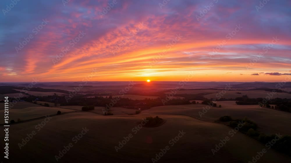 Dramatic Sunset Over Rural Landscape Orange And Pink Sky Aerial View Fields Forests Villages And Distant Horizon Dramatic Sunset Over Rural Landscape Orange And Pink Sky Aerial View Fields Forests Villages And Distant Horizon