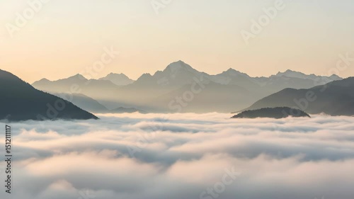 Golden Hour Mountain Range View Above Sea of Fog With Soft Hues Landscape Featuring Distant Peaks and Enveloping Cloud Cover