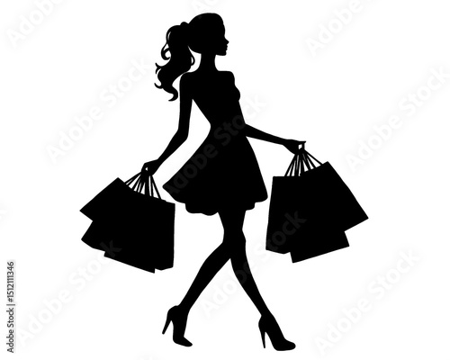 Silhouette of a woman carrying shopping bags, shopping, icon isolated on white background