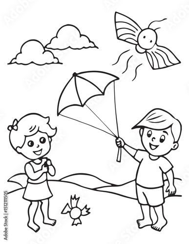 Summer Coloring page, line art, black and white, cute summer illustration, coloring page holiday time