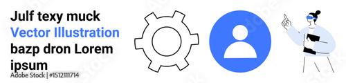 Gear icon, user profile symbol, and professional character explaining text. Ideal for user interface, teamwork, instruction, training, guidance, profile setup simple landing page