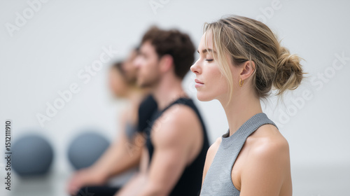 Group of adults practicing Pilates meditation in bright studio, focusing on mindfulness and relaxation, with exercise balls in background, calm and peaceful atmosphere