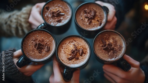 Five steaming mugs of rich hot chocolate held by individuals in cozy sweaters, evoking warmth and togetherness during a chilly winter gathering.