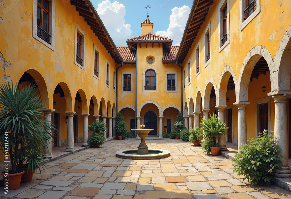 Obraz premium Discover the beauty of a charming Spanish-style courtyard featuring a classic fountain, arched walkways, and vibrant yellow walls under a bright blue sky 