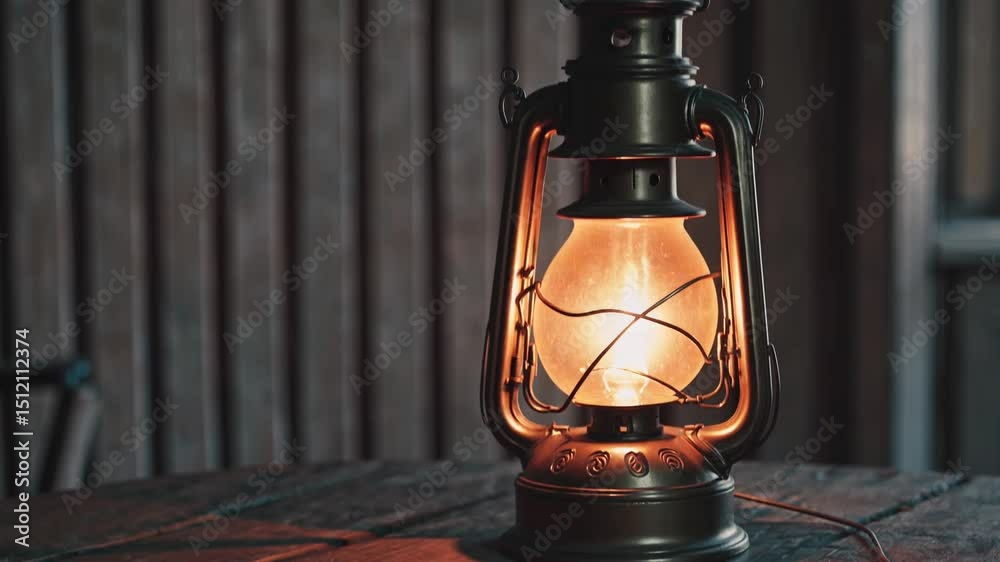 Old-fashioned oil lantern with warm glowing light placed in front of wooden wall. Dim setting with vintage mood. Concept of light source, nostalgia and rustic design