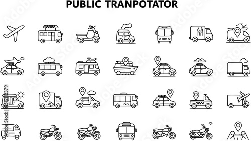Public Transportation icon set in line style. Airplanes, buses, trucks, cars, motorbikes, taxis, trains, ships symbol. Transport simple black sign for apps and website, vector illustration