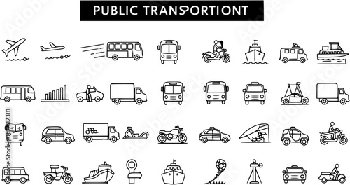 Public Transportation icon set in line style. Airplanes, buses, trucks, cars, motorbikes, taxis, trains, ships symbol. Transport simple black sign for apps and website, vector illustration