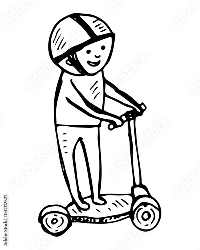 Smiling cartoon child riding a scooter doodle cartoon hand-drawn.