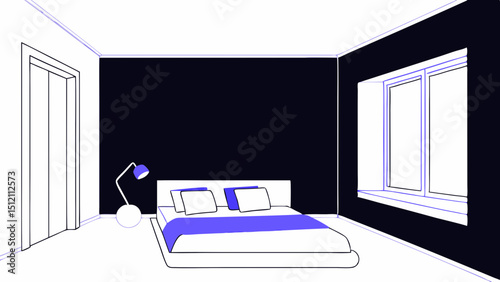 Vector minimalist bedroom design featuring bed with blue accents, lamp, and large windows