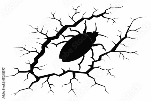 Vector black insect silhouette on cracked surface, creating striking visual contrast