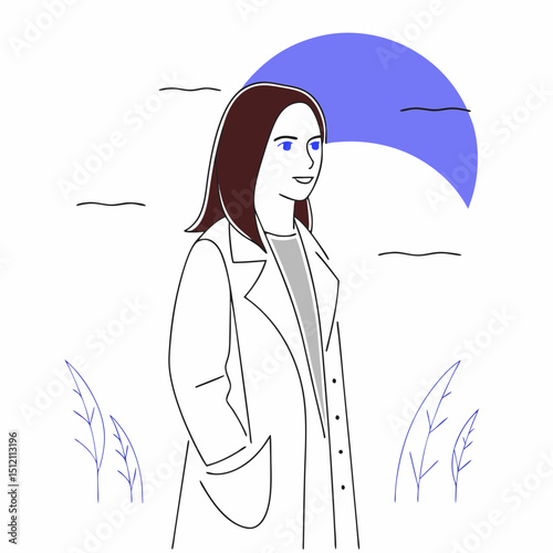 Vector woman in grey coat stands confidently against blue background, exuding calmness