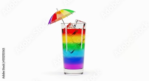 Festive Layered Rainbow Drink in Clear Glass with Umbrella and Cooling Ice