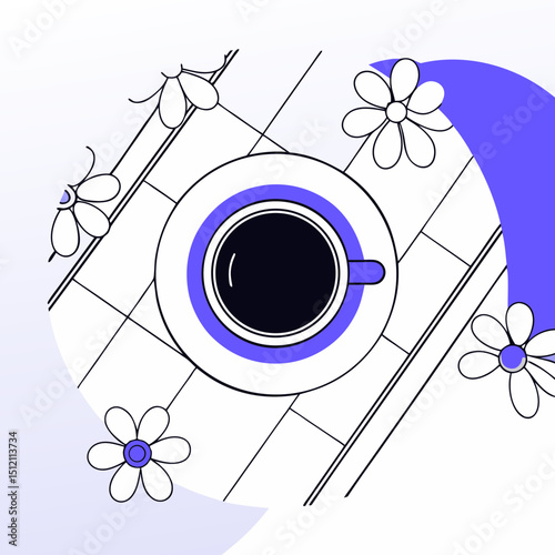 Vector cup of coffee on table surrounded by flowers creates serene atmosphere