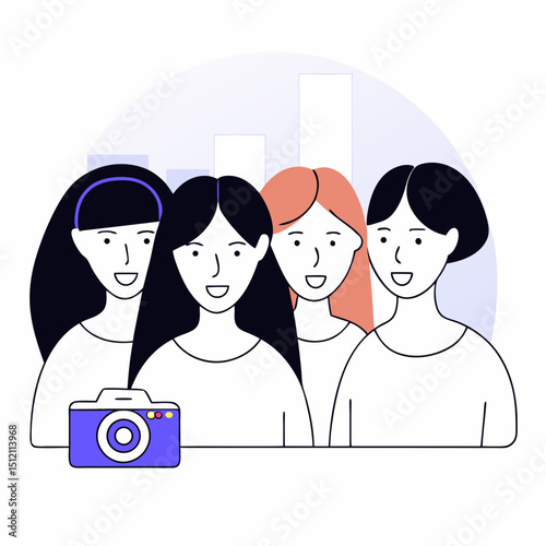 Vector Group of four smiling high school girls with camera, showcasing friendship and joy
