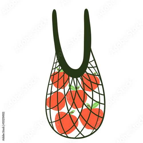 Eco bag mesh string bag with  apples. Reusable fabric, mesh, for grocery and food market. Zero waste, plastic-free concept.