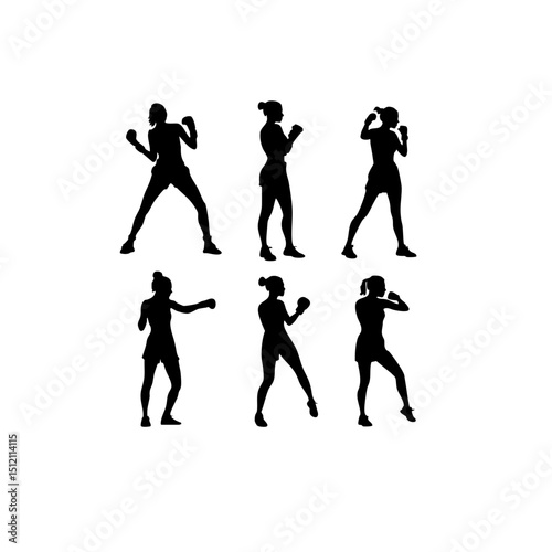 Female Boxer Silhouette Set - Dynamic Fighting Poses Vector