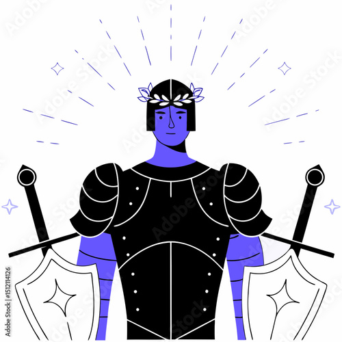 Vector male half elf with dark blue skin, wearing ornate armor and holding shields, exudes confidence