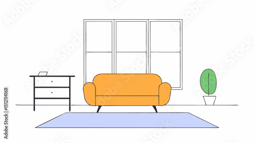 Vector cozy living room featuring orange sofa, side table, and green plant by window