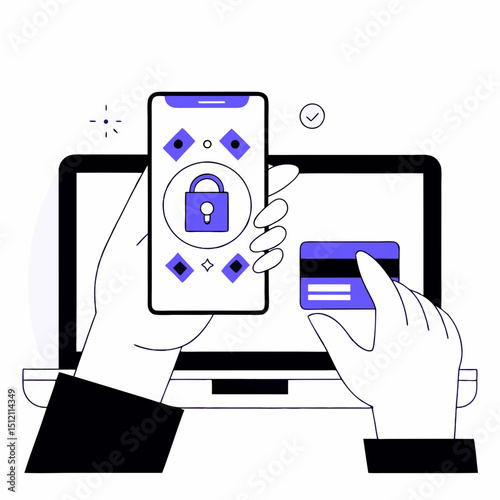 Vector Secure payment process with smartphone and credit card, emphasizing safety and technology