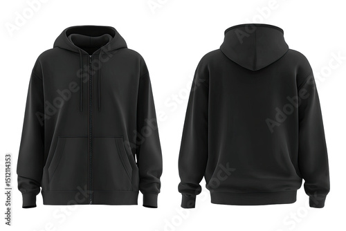Front and back view of a plain black zip-up hoodie