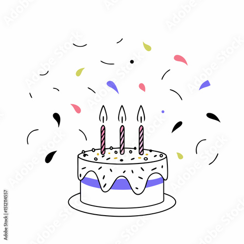 Vector colorful birthday cake with candles, surrounded by festive confetti, brings joy and celebration