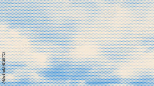 Color halftone texture of blue sky with clouds. Abstract cloud pattern vector dotted pixel texture background with copy space.