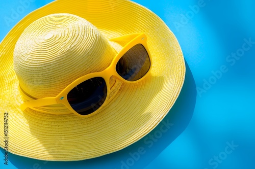 Summer Vacation Essentials: Yellow Sun Hat and Sunglasses on Bright Blue Background