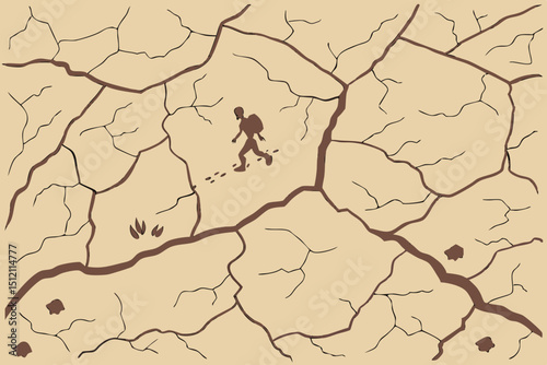 Vector hiker walks on cracked surface, showcasing effects of drought and erosion