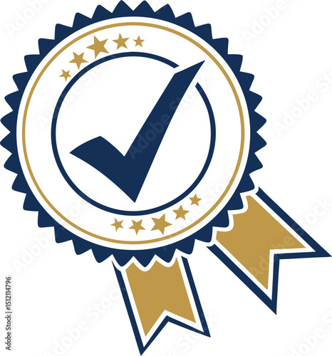 Approved seal check mark badge gold blue ribbon award
