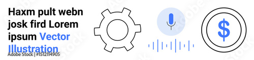 Gear, microphone with audio wave, and dollar icon symbolize technology, sound recording, and finance. Ideal for tech innovation, finance apps, audio tools, SaaS marketing fintech simple landing