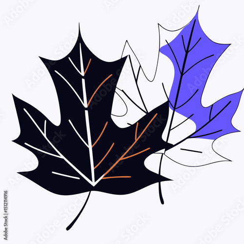 Vector Vibrant black, white, and blue leaves create striking visual contrast on light background