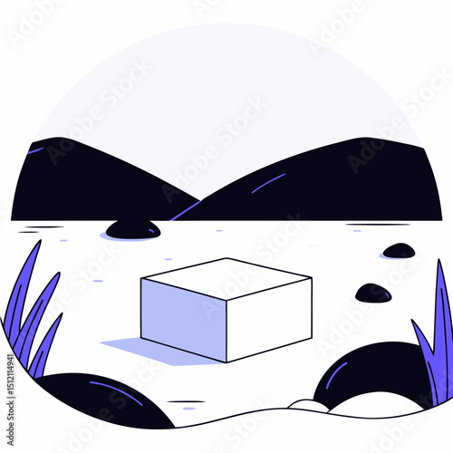 Vector white cube shaped podium placed on serene landscape with mountains and water