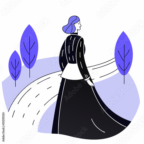 Vector woman long dress walks along winding path surrounded by stylized trees, evoking serene